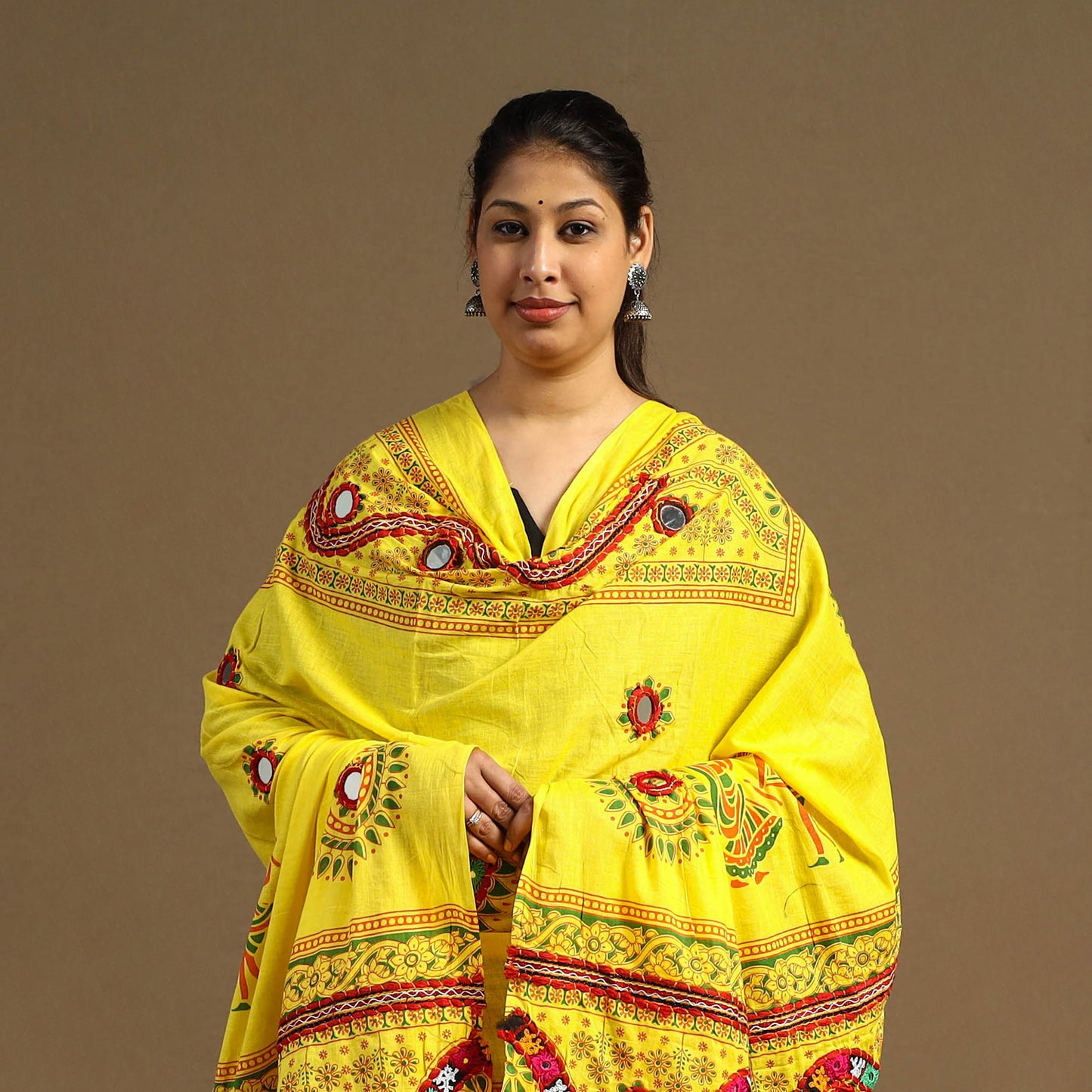  Yellow Mirror Work Printed Cotton Kutch Embroidery Dupatta