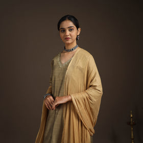 Brown - slub silk embroidered plain kurta set (set of 3) 01