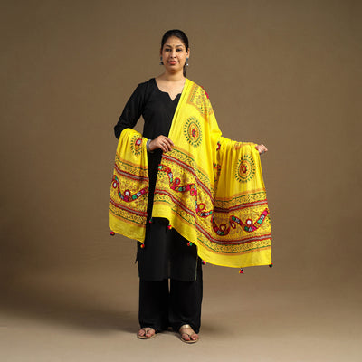 Yellow - mirror work printed cotton kutch embroidery