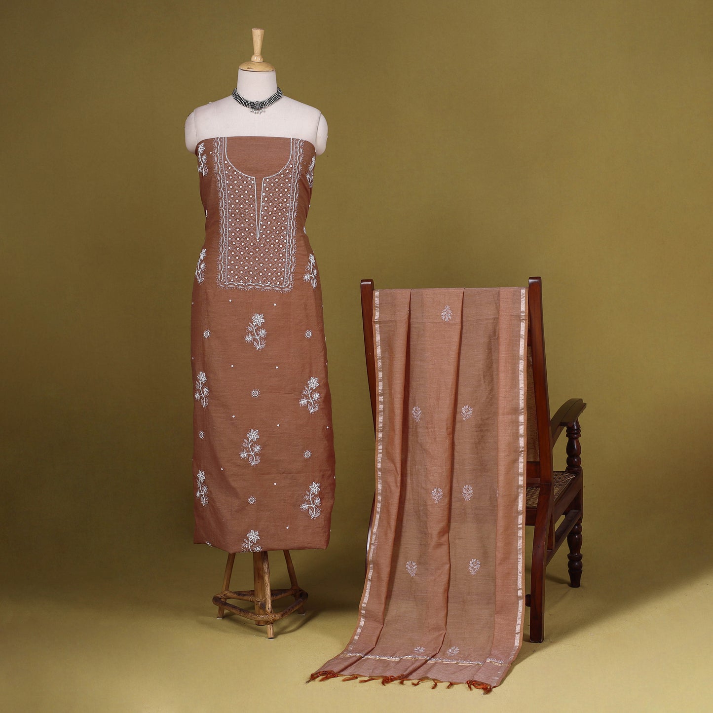 Brown - 2pc mul chanderi unstitched chikankari dress