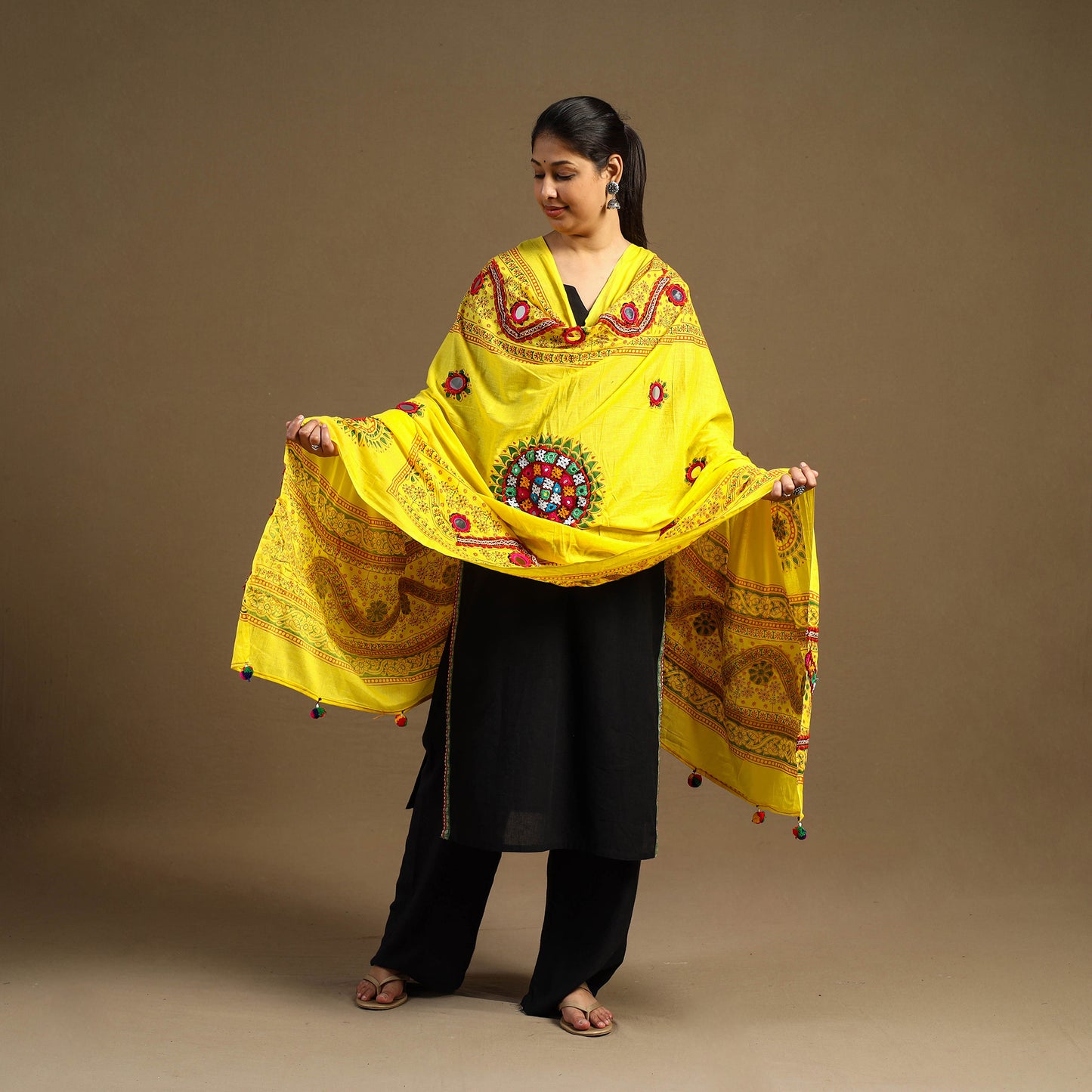 Yellow - mirror work printed cotton kutch embroidery