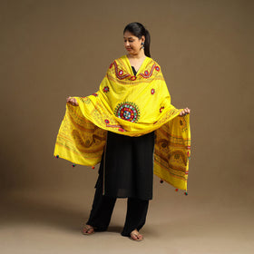 Yellow - mirror work printed cotton kutch embroidery