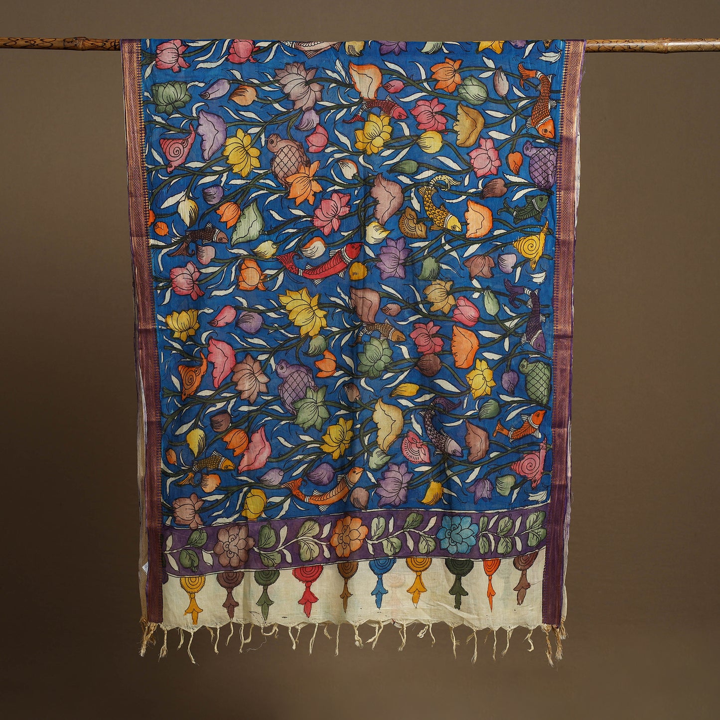 Blue Pen Work Chanderi Silk Handpainted Kalamkari Dupatta