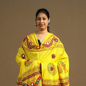 Yellow - mirror work printed cotton kutch embroidery
