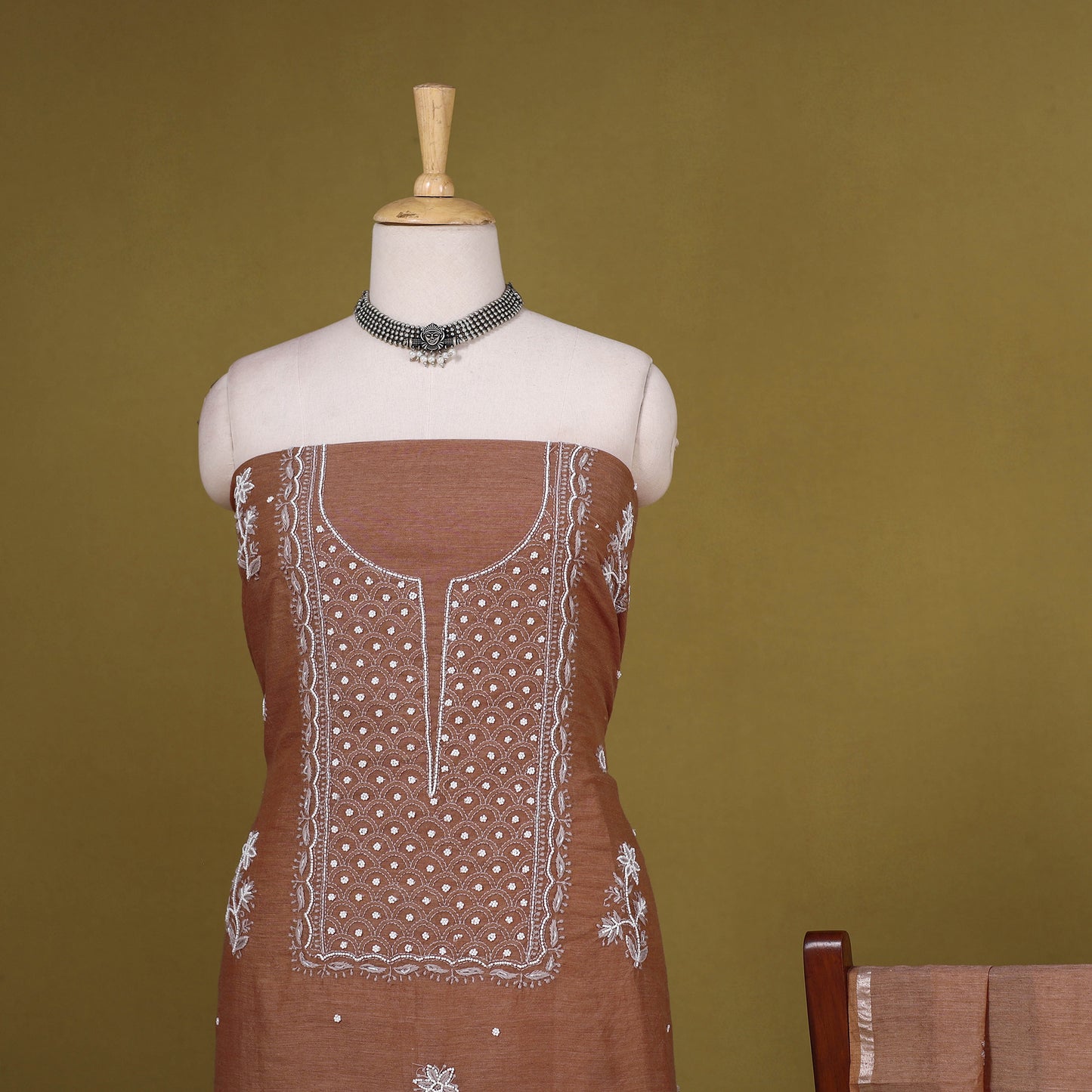 Brown - 2pc mul chanderi unstitched chikankari dress
