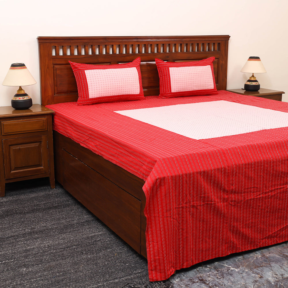 Red - Patchwork Cotton Double Jacquard Bedsheet Set 01