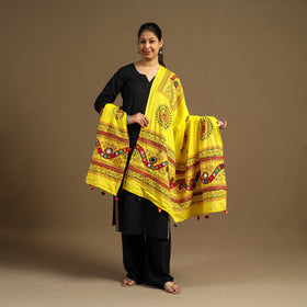 Yellow - mirror work printed cotton kutch embroidery