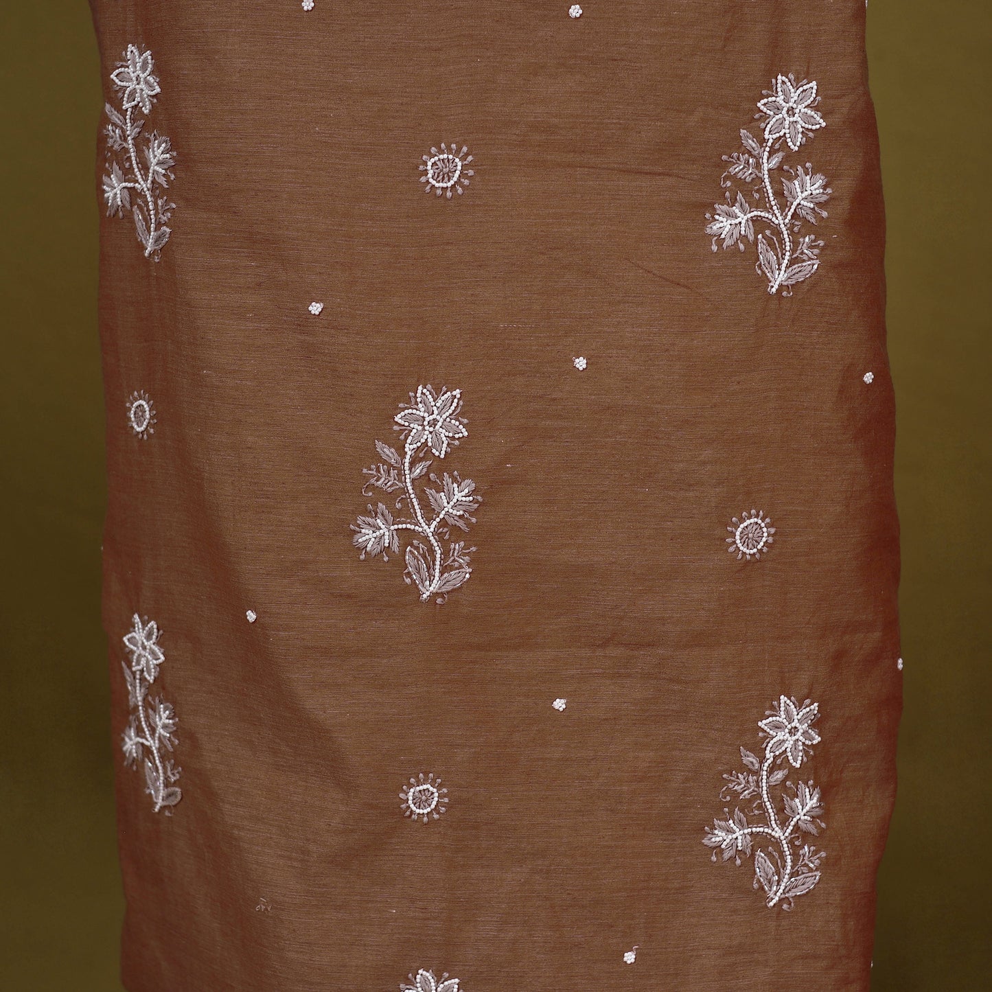 Brown - 2pc mul chanderi unstitched chikankari dress