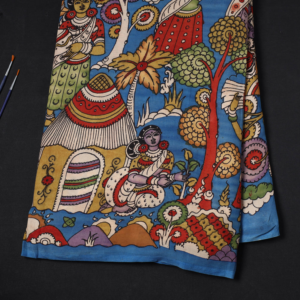 Blue - Bangalore Silk Srikalahasti Handpainted Pen Kalamkari Fabric 02