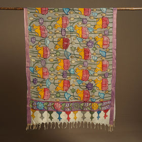 Grey Pen Work Chanderi Silk Handpainted Kalamkari Dupatta