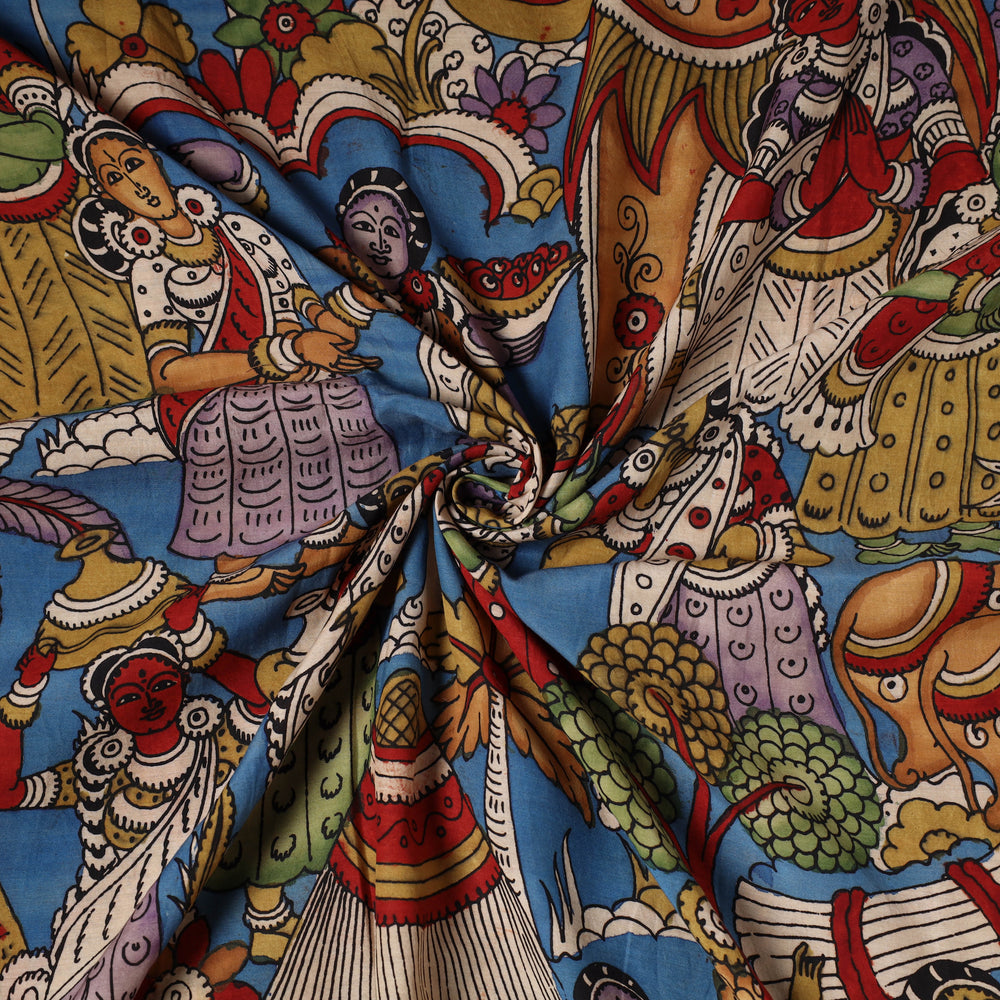 Blue - Bangalore Silk Srikalahasti Handpainted Pen Kalamkari Fabric 02