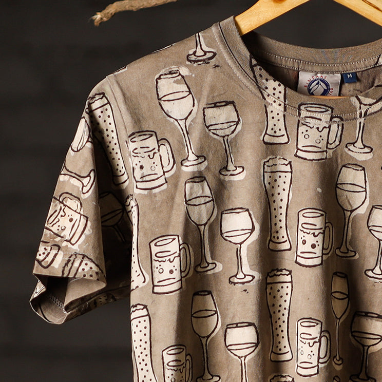 Brown - Bindaas Block Art Printed Cotton Round Neck T-shirt