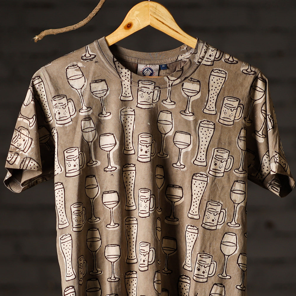 Brown - Bindaas Block Art Printed Cotton Round Neck T-shirt