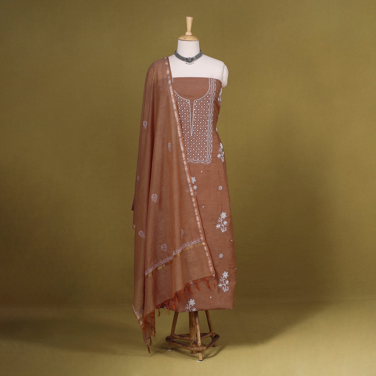 Brown - 2pc mul chanderi unstitched chikankari dress