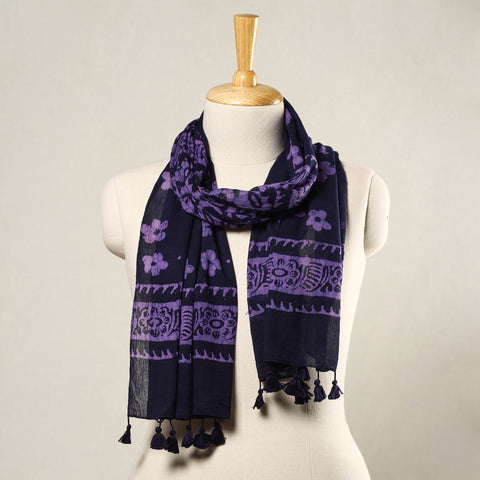 Black - Hand Batik Printed Mul Cotton Stole with Tassels 06