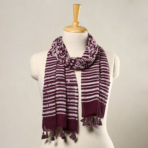 Maroon - Hand Batik Printed Mul Cotton Stole with Tassels 10