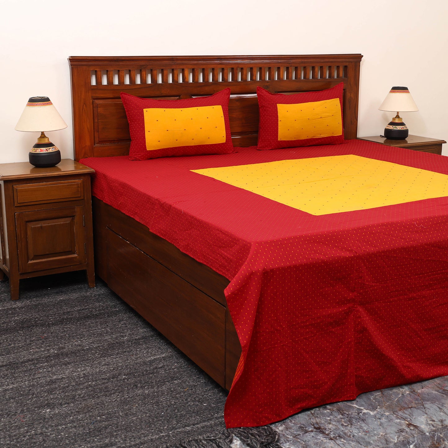 Red - Patchwork Cotton Double Jacquard Bedsheet Set 03