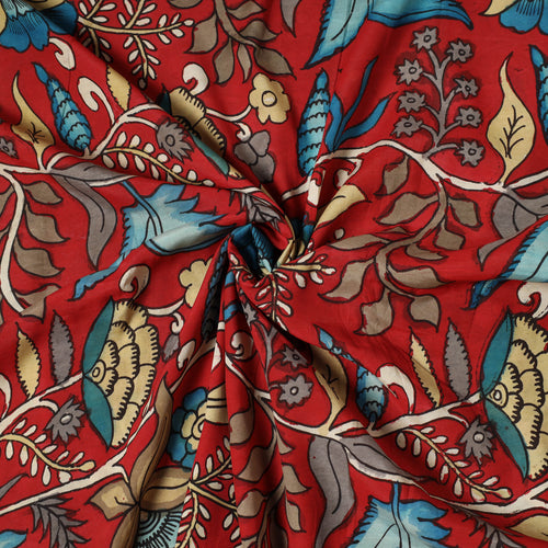 Red - Bangalore Silk Srikalahasti Handpainted Pen Kalamkari Fabric 04