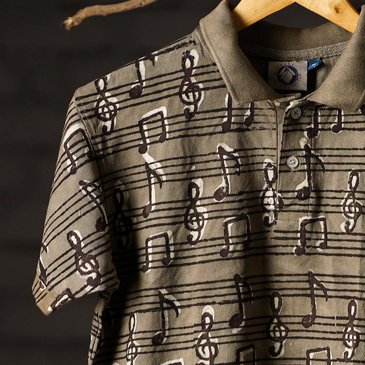 Brown - Bindaas Natural Dyed Art Block Print Polo Collar T-shirt in Cotton