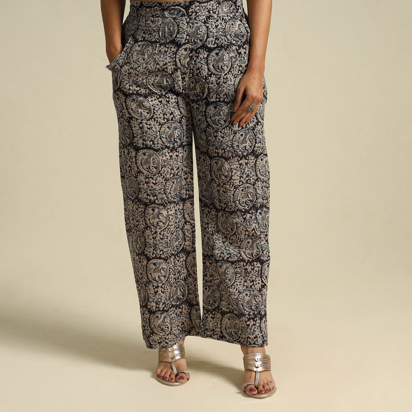  Black Pedana Block Print Mul Cotton Kalamkari Palazzo