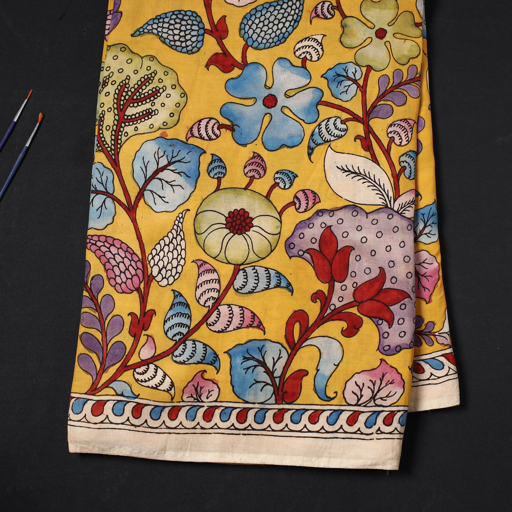 Yellow - Bangalore Silk Srikalahasti Handpainted Pen Kalamkari Fabric 06