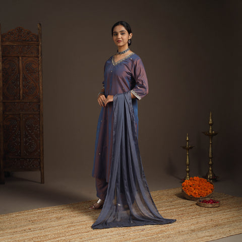 Blue - slub silk embroidered plain kurta set (set of 3) 05