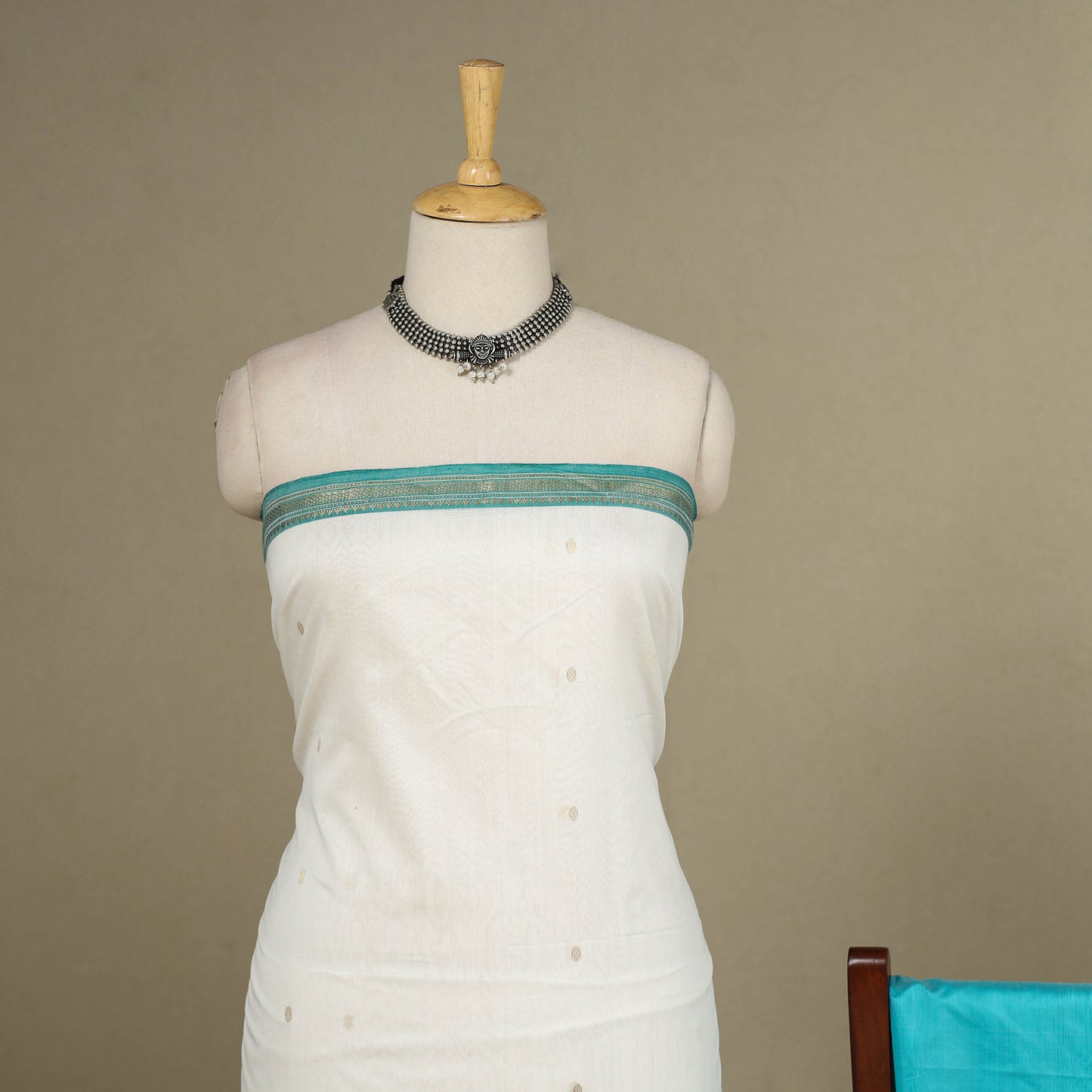 White - 3pc Handloom Zari Buti Unstitched Chanderi Silk Dress Material 