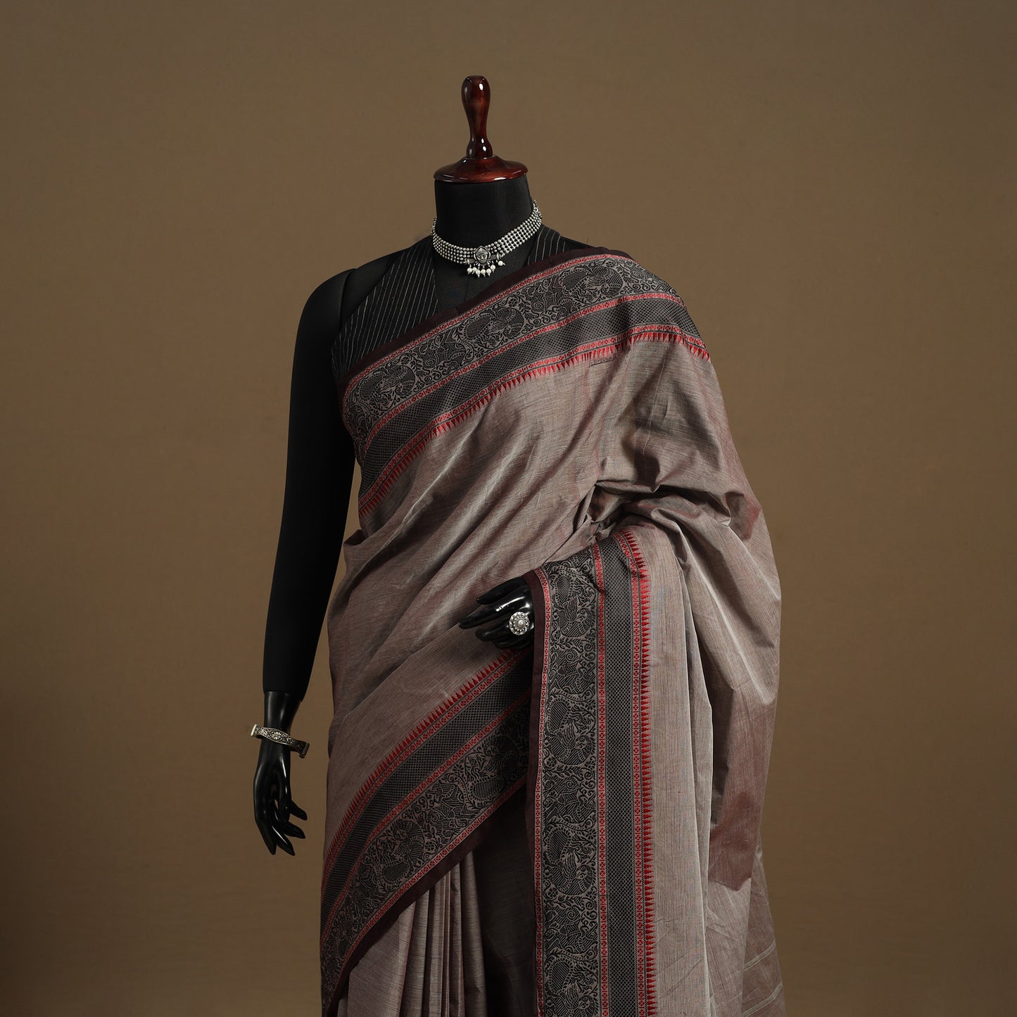 Grey Kandangi Chettinad Cotton Saree with Border