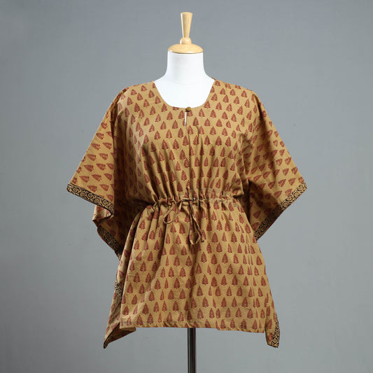 Brown - Bagh Block Printed Cotton Kaftan with Tie-Up Waist (Short)
