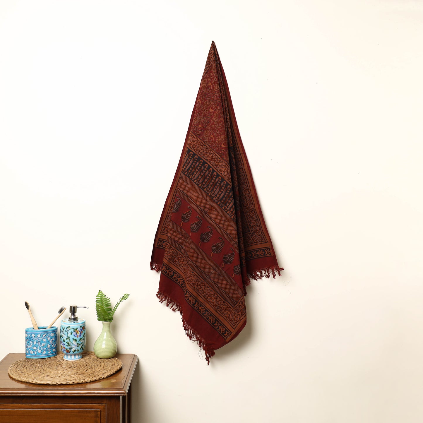 Red - Handloom Cotton Hand Block Bagh Print Towel 25