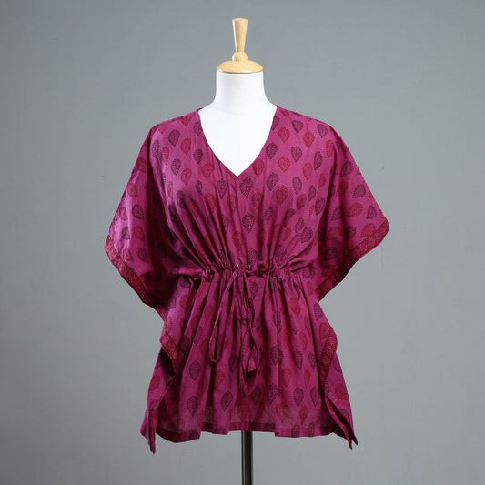 Pink - Bagh Block Printed Cotton Kaftan with Tie-Up Waist (Short)