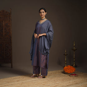 Blue - slub silk embroidered plain kurta set (set of 3) 05