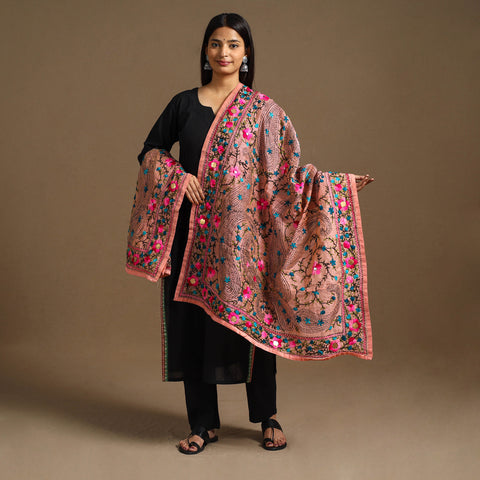 Buy Peach Ranihati Chanderi Silk Hand Embroidery Dupatta