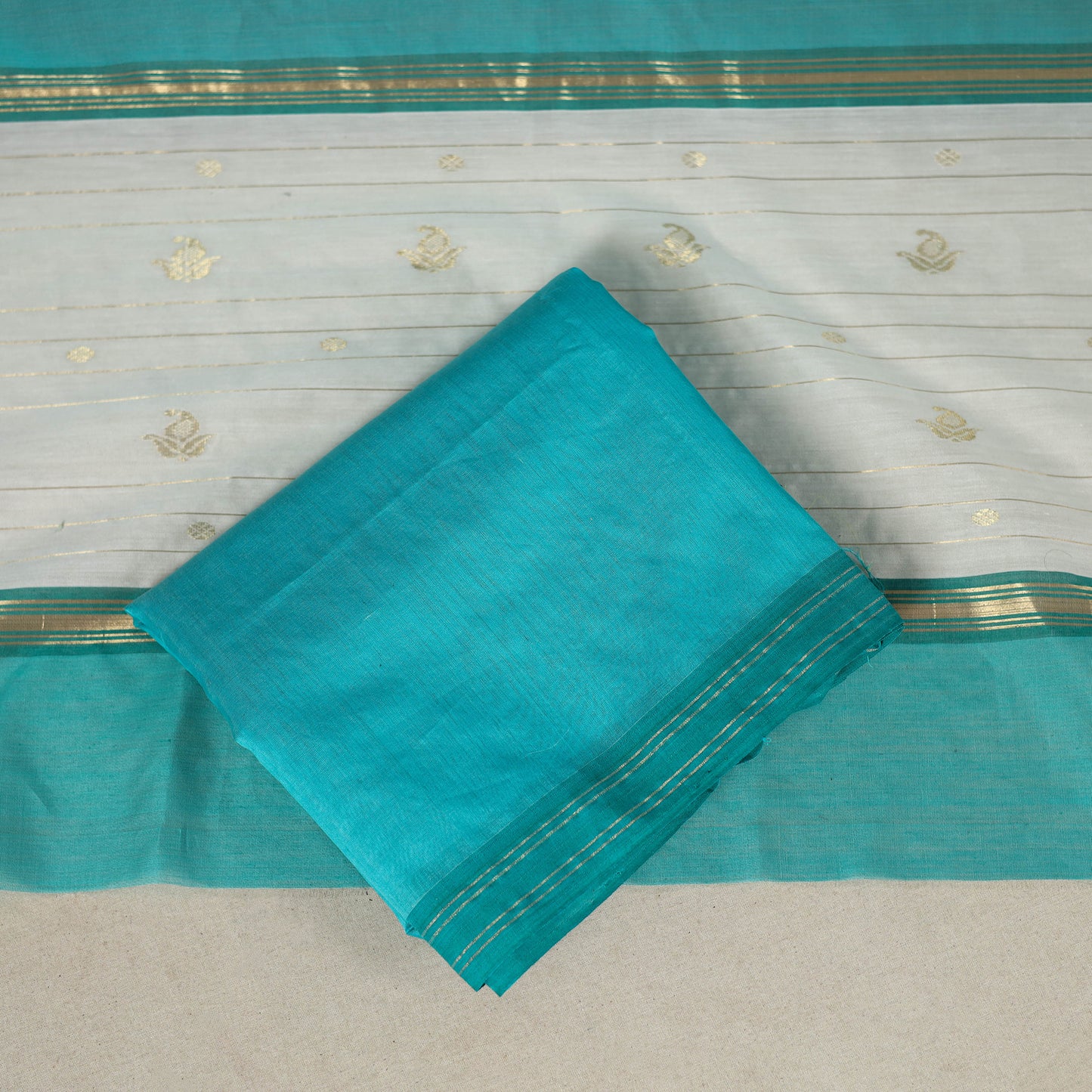 White - 3pc Handloom Zari Buti Unstitched Chanderi Silk Dress Material 