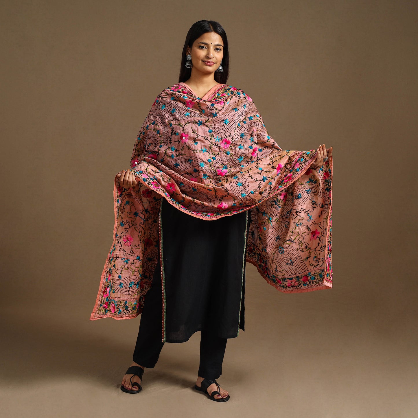 Buy Peach Ranihati Chanderi Silk Hand Embroidery Dupatta