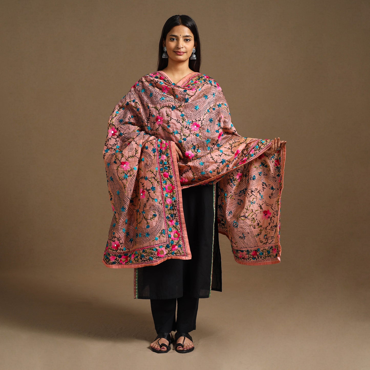 Buy Peach Ranihati Chanderi Silk Hand Embroidery Dupatta