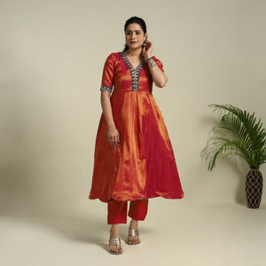 Lace Work Fine Tissue Zari Plain Red Anarkali Kurta Set for Women