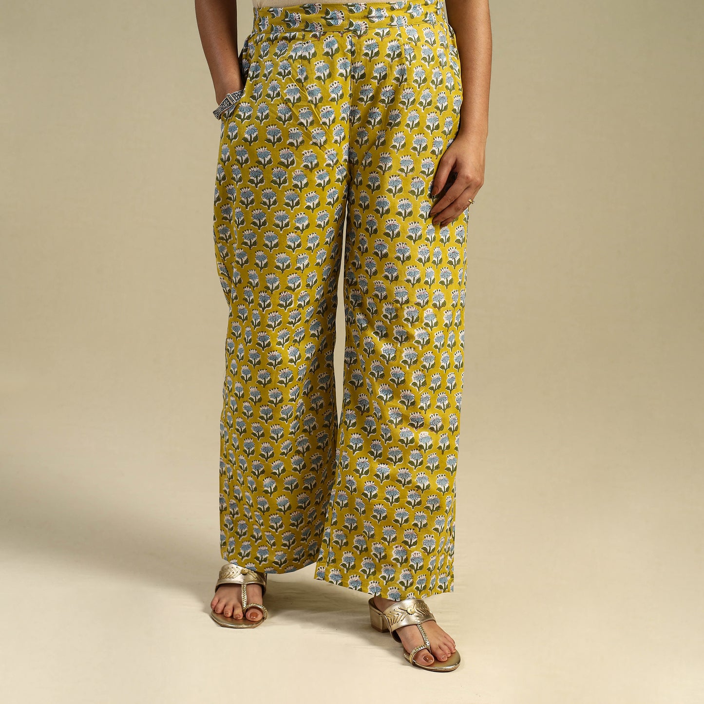Yellow Block Print Cotton Sanganeri Palazzo 