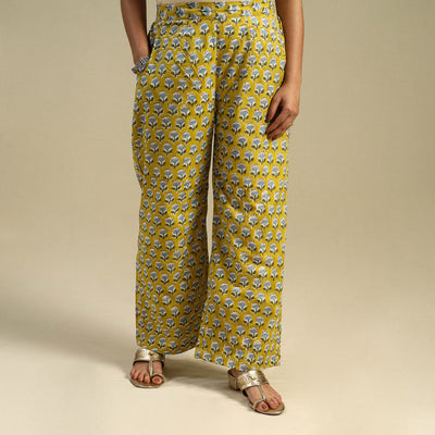 Yellow Block Print Cotton Sanganeri Palazzo 