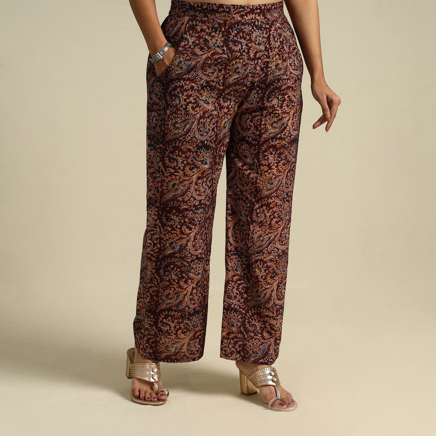  Maroon Pedana Block Print Cotton Kalamkari Palazzo