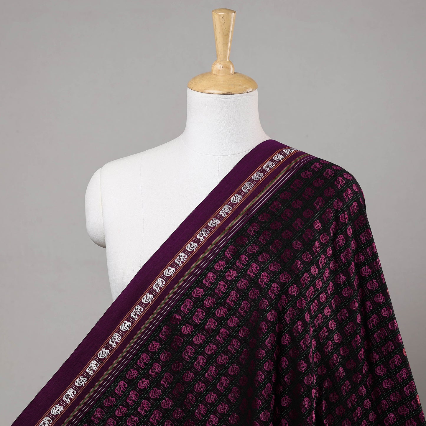 Purple - Karnataka Khun Elephant & Peacock Motif Cotton Handloom Fabric