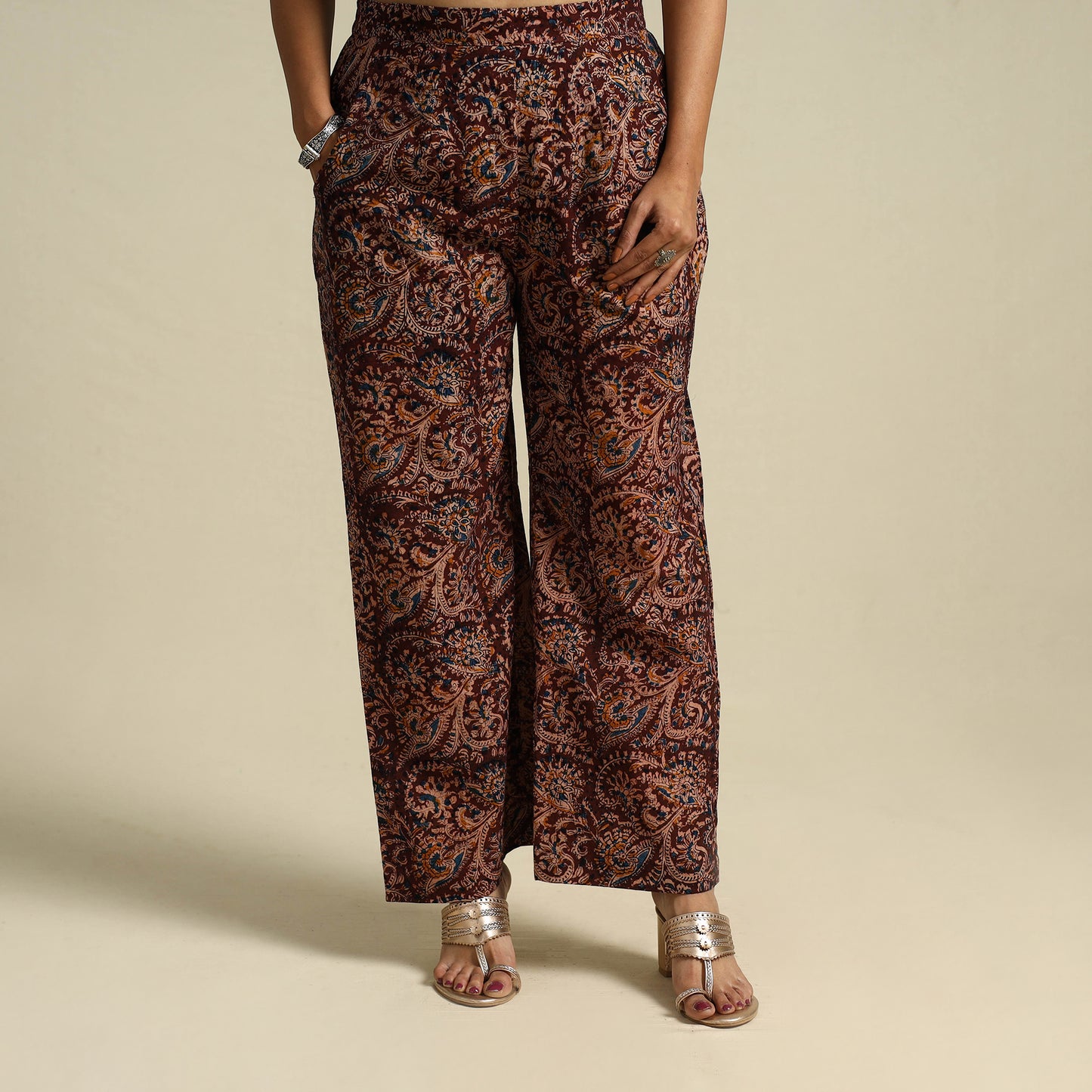  Maroon Pedana Block Print Cotton Kalamkari Palazzo