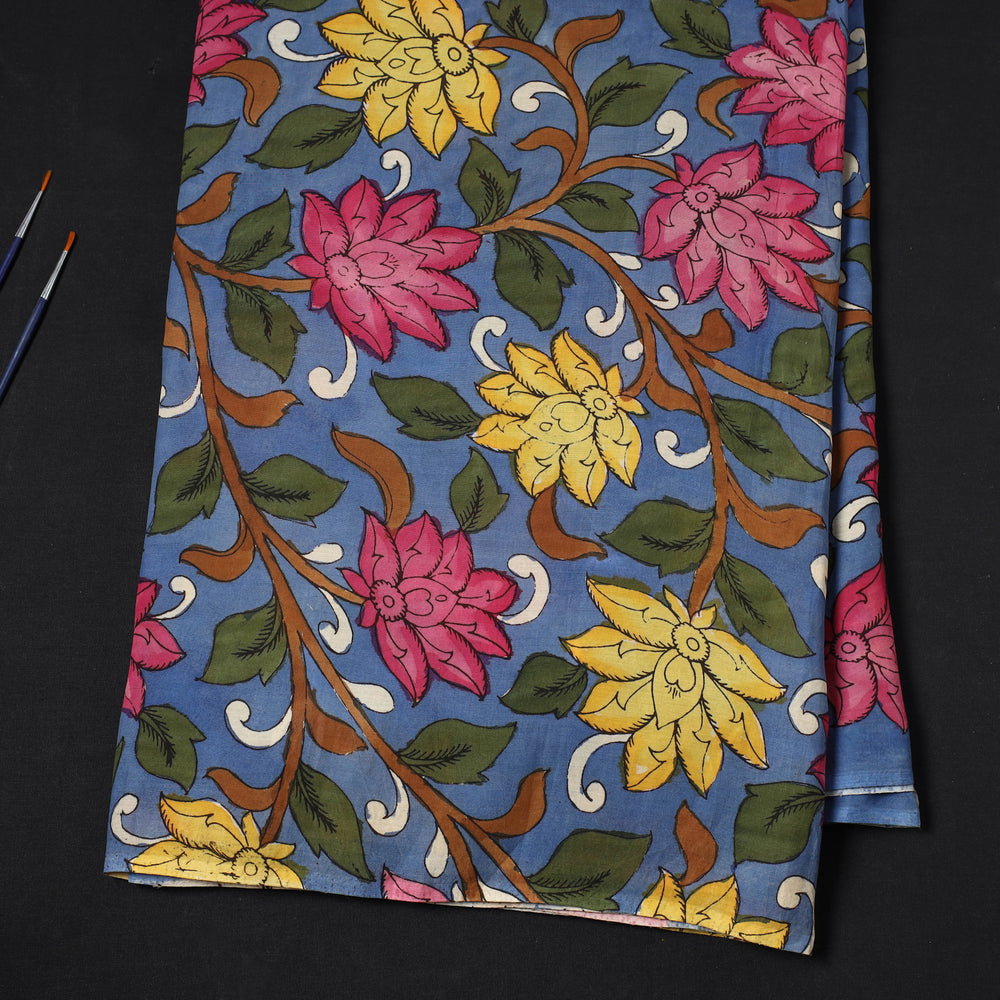 Blue - Bangalore Silk Srikalahasti Handpainted Pen Kalamkari Fabric 11