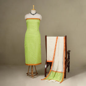 Green - 3pc  Handloom Nakshi Zari Unstitched Chanderi Silk Dress Material 