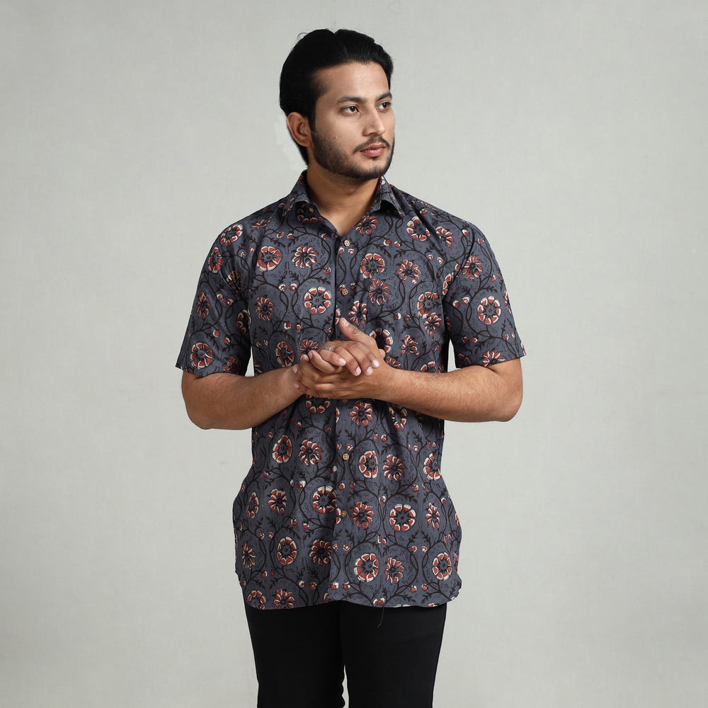 Dark Grey - Bagru Block Printed Cotton Men Half Sleeve Shirt