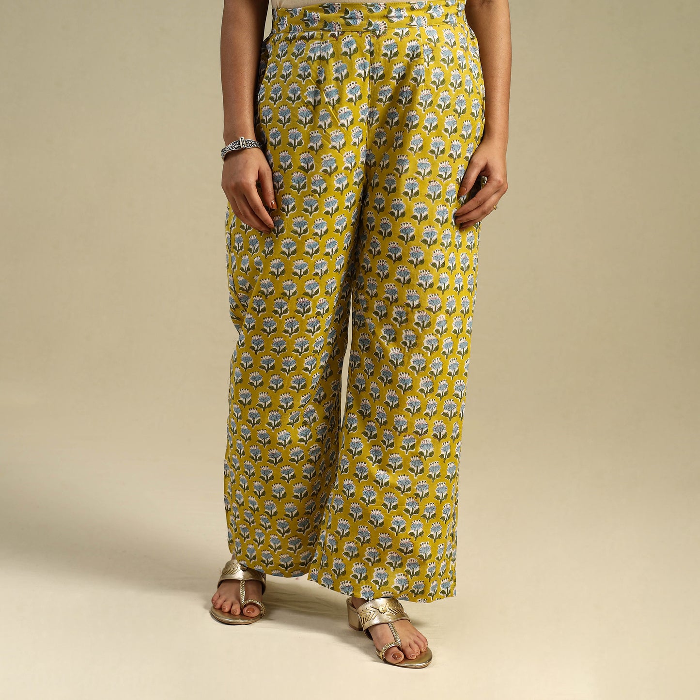 Yellow Block Print Cotton Sanganeri Palazzo 