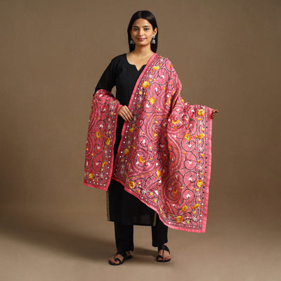  Pink Ranihati Chanderi Silk Hand Embroidery Dupatta