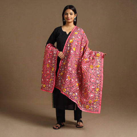  Pink Ranihati Chanderi Silk Hand Embroidery Dupatta