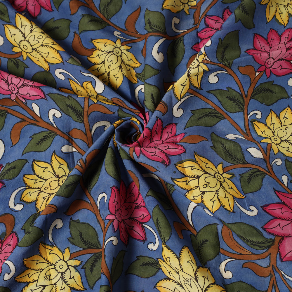 Blue - Bangalore Silk Srikalahasti Handpainted Pen Kalamkari Fabric 11