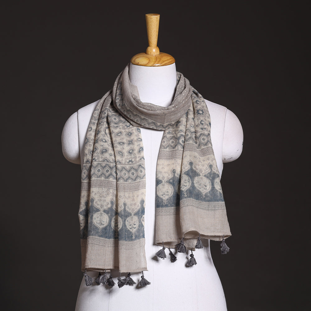 Grey - Ajrakh Hand Block Printed Pure Woolen Stole